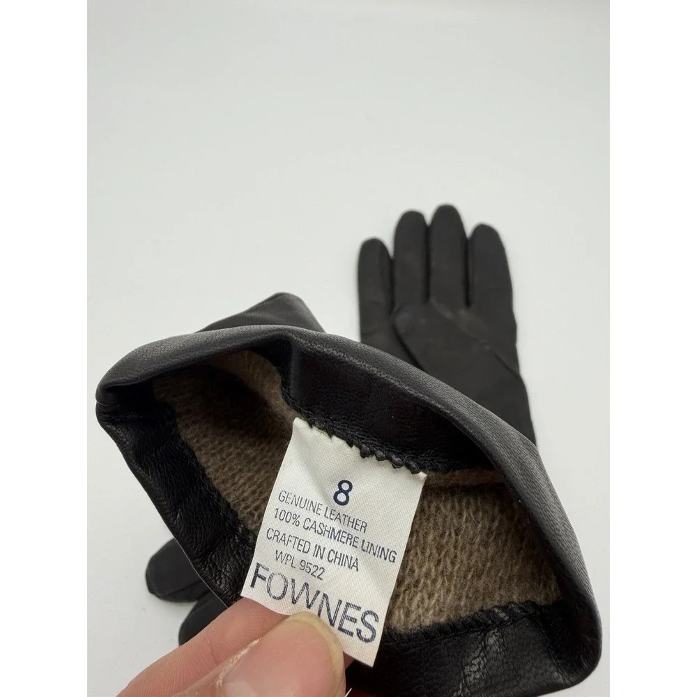 FOWNES BROTHERS Black Leather Cashmere Lined Gloves Size 8 (Medium)